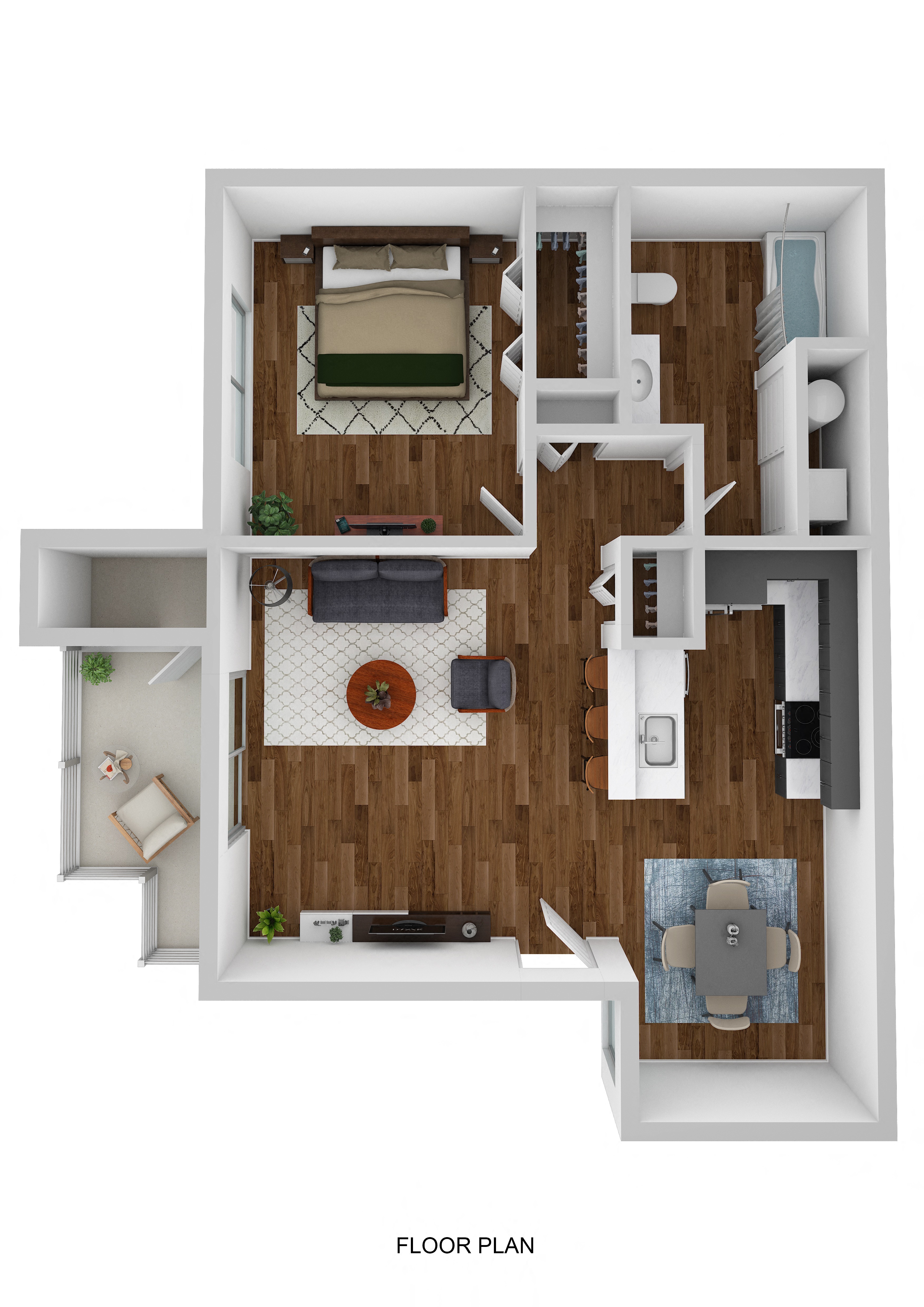 Floor plan for 1 bed, 1 bath, 590 sqft